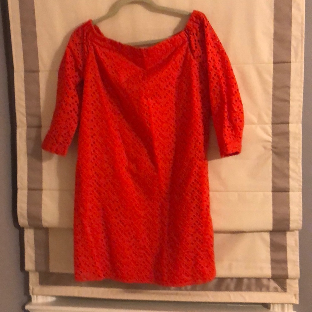 Halogen orange eyelet off shoulder dress!